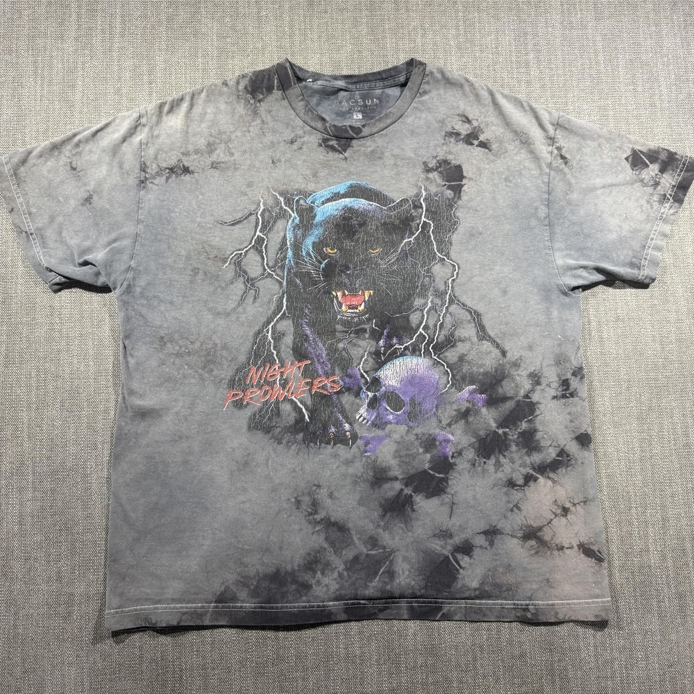 PacSun Shirt Mens Large‎ Gray Night Prowlers Panther Skull Graphic Tee Tie Dye